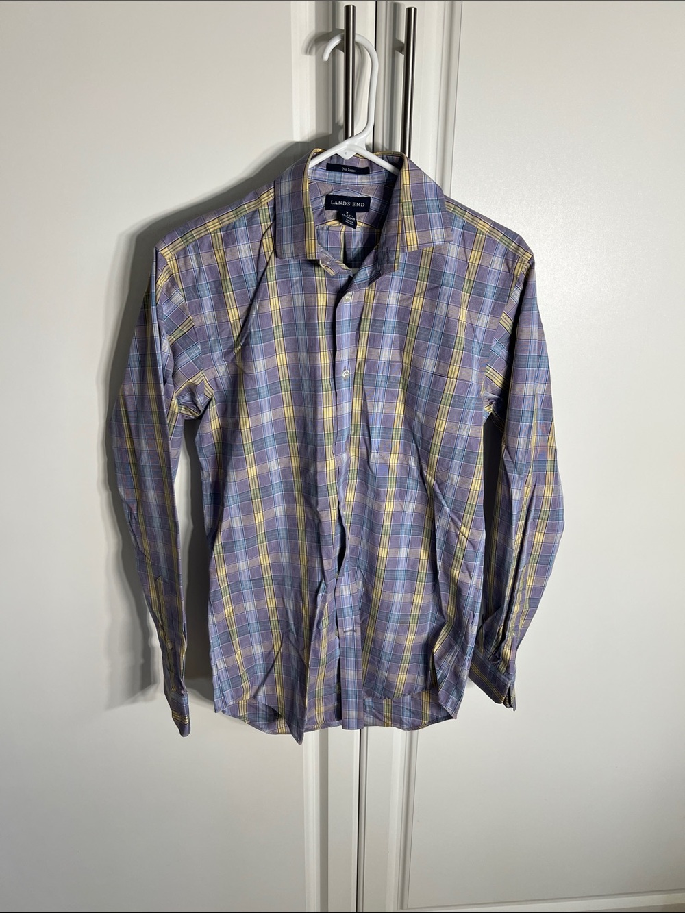 Lands' End Men's Plaid Button-Down Shirt in Lavender and Yellow